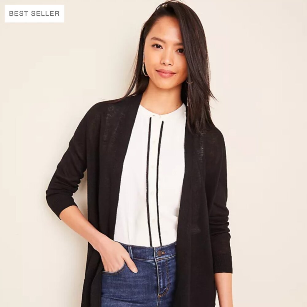 Ann Taylor Linen Blend Open Cardigan Classic Black